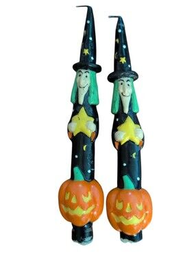 Vintage 90s Witch & Jack-o'-Lantern Candlestick Pair from Amscan